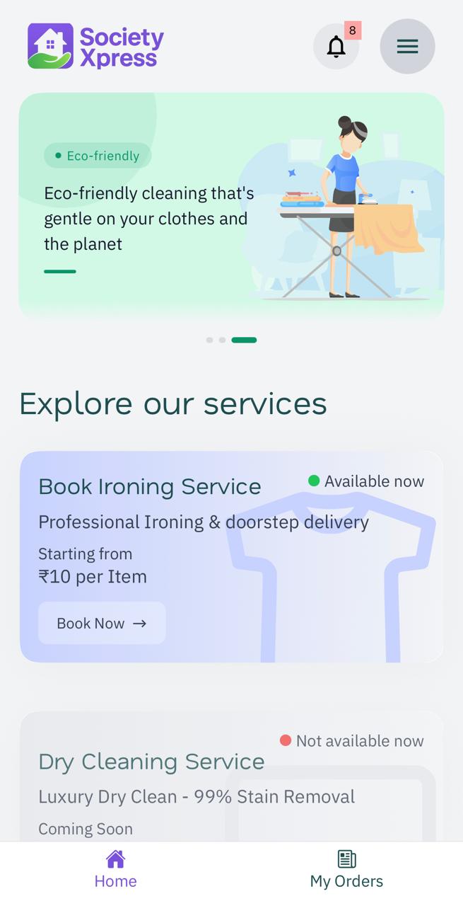 SocietyXpress Home - Service dashboard with booking and eco-friendly services