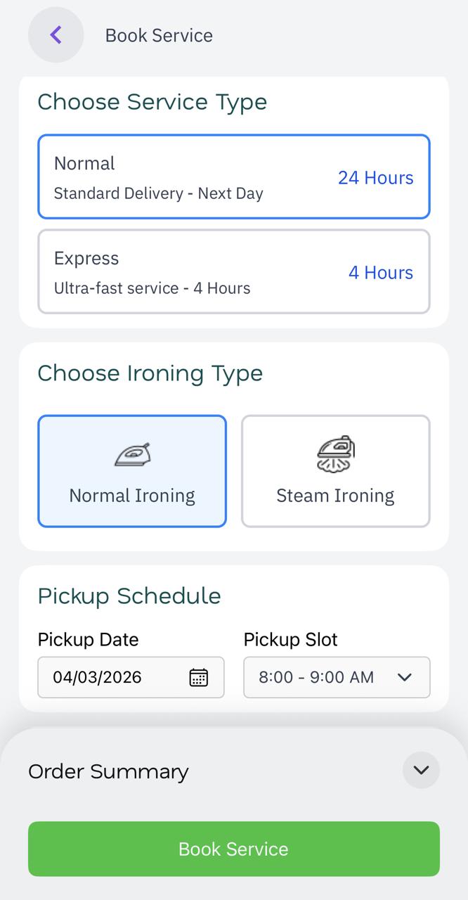 Book Service - Choose service type, ironing type, and pickup schedule