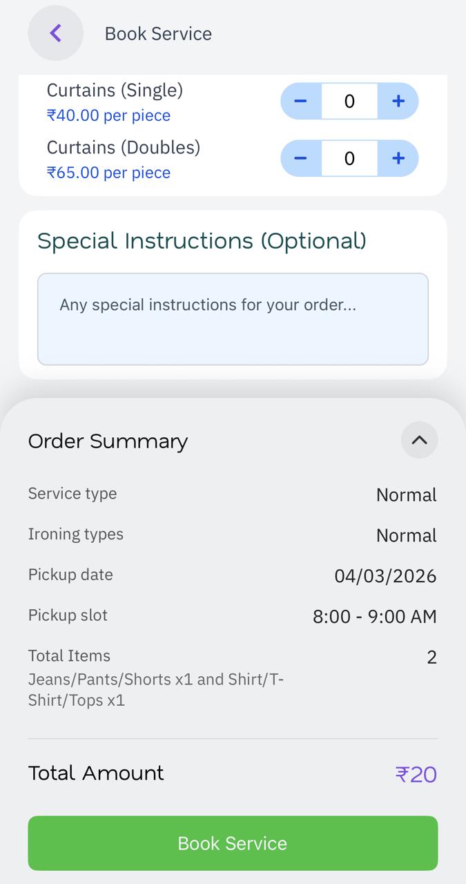 Order Summary - Service details, item breakdown, and total amount