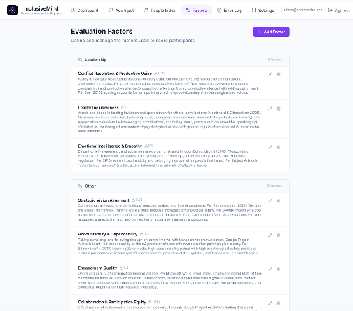 Evaluation Factors - 15 research-backed factors across Leadership, Psychological Safety, and Inclusion categories